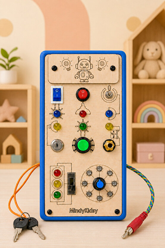Çocuklar İçin Eğitici Montessori Işıklı Oyun Panosu - Mavi - Zeka Geliştirici Oyuncak