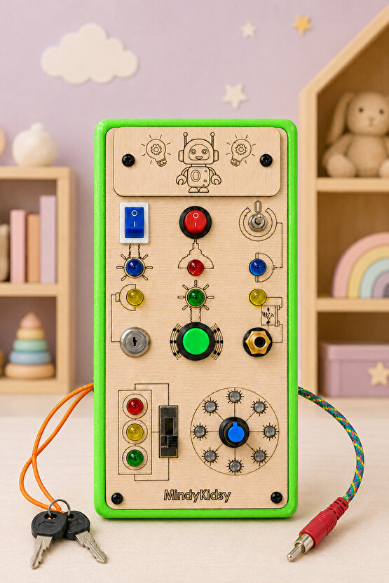 Çocuklar İçin Eğitici Montessori Işıklı Oyun Panosu - Yeşil - Zeka Geliştirici Oyuncak