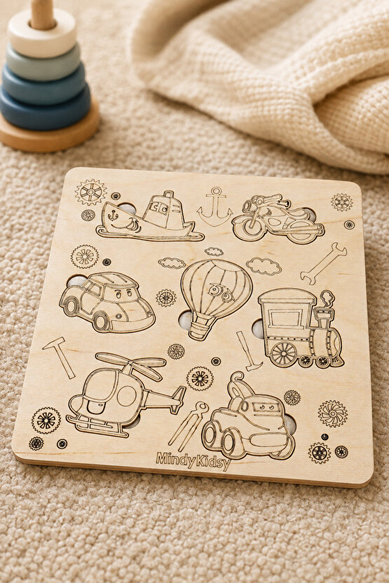 Ahşap Taşıtlar Yapbozu | Montessori Eğitici Geçme Puzzle