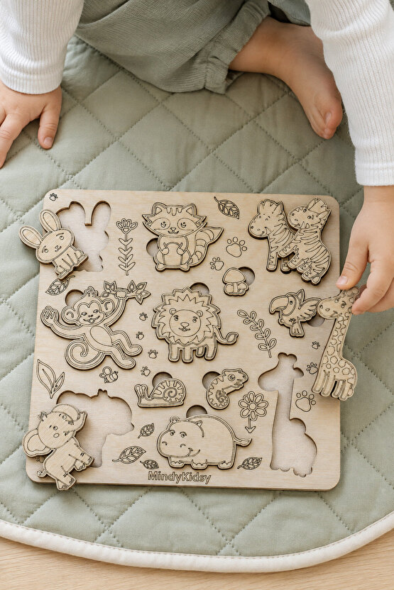 Ahşap Hayvan Figürlü Doğal Yapboz | Montessori Eğitici Puzzle Oyuncağı