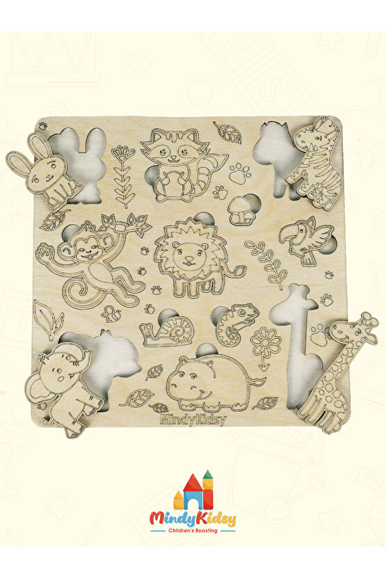 Ahşap Hayvan Figürlü Doğal Yapboz | Montessori Eğitici Puzzle Oyuncağı