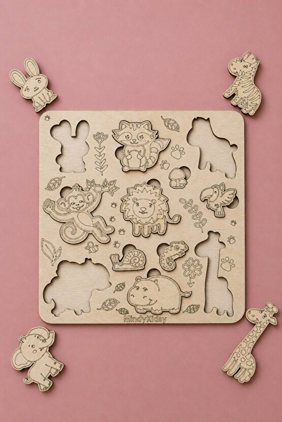 Ahşap Hayvan Figürlü Doğal Yapboz | Montessori Eğitici Puzzle Oyuncağı