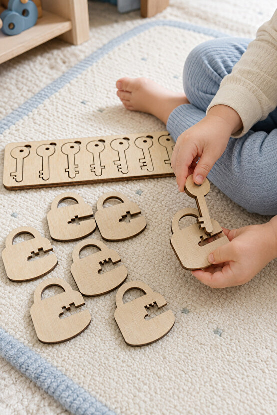 Ahşap Anahtar Kilit Eşleştirme Oyunu Doğal Yapboz | Montessori Eğitici Zeka Oyuncağı