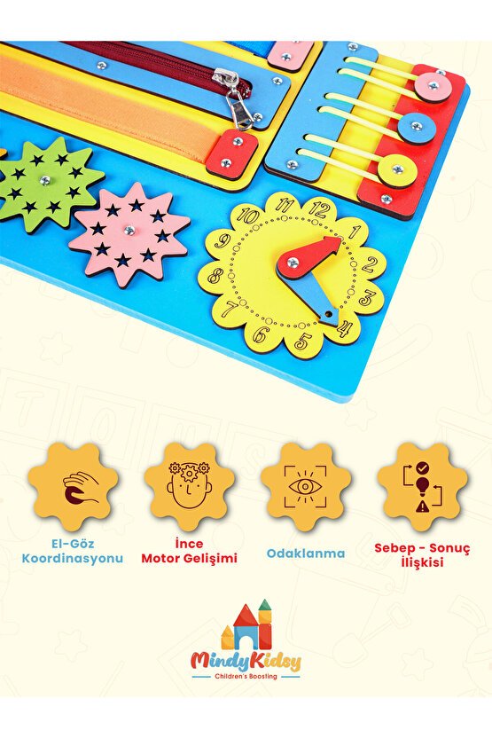 Montessori Aktivite ve Öğrenme Panosu Eğitici 30x20 Geliştirici Ahşap Oyuncak Tahtası