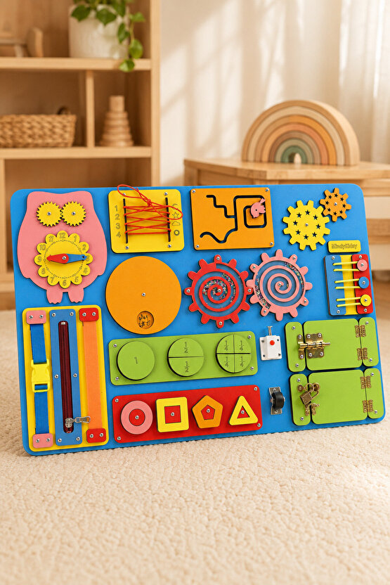 Montessori Aktivite ve Öğrenme Panosu Eğitici 60x40 Geliştirici Ahşap Oyuncak Tahtası