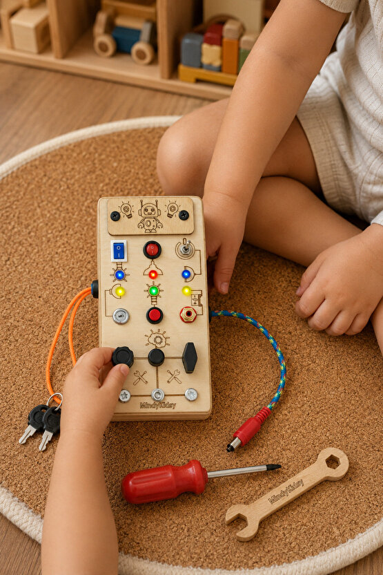 Çocuklar İçin Eğitici Ahşap Montessori Işıklı Civatalı Vidalı Oyun Panosu - Zeka Geliştirici Oyuncak