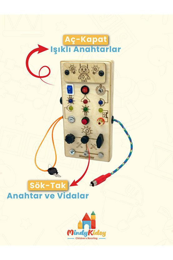 Çocuklar İçin Eğitici Ahşap Montessori Işıklı Civatalı Vidalı Oyun Panosu - Zeka Geliştirici Oyuncak