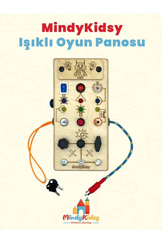 Çocuklar İçin Eğitici Ahşap Montessori Işıklı Civatalı Vidalı Oyun Panosu - Zeka Geliştirici Oyuncak