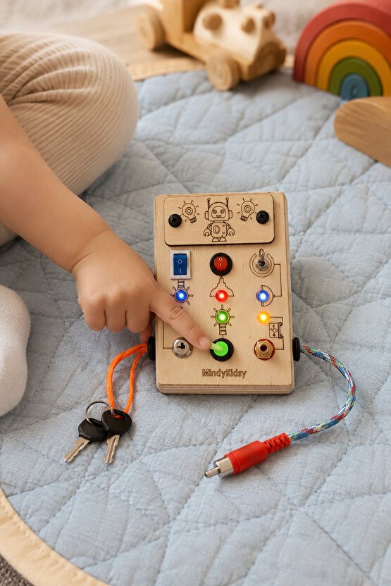 Çocuklar İçin Eğitici Ahşap Montessori Mini Işıklı Oyun Panosu - Zeka Geliştirici Oyuncak