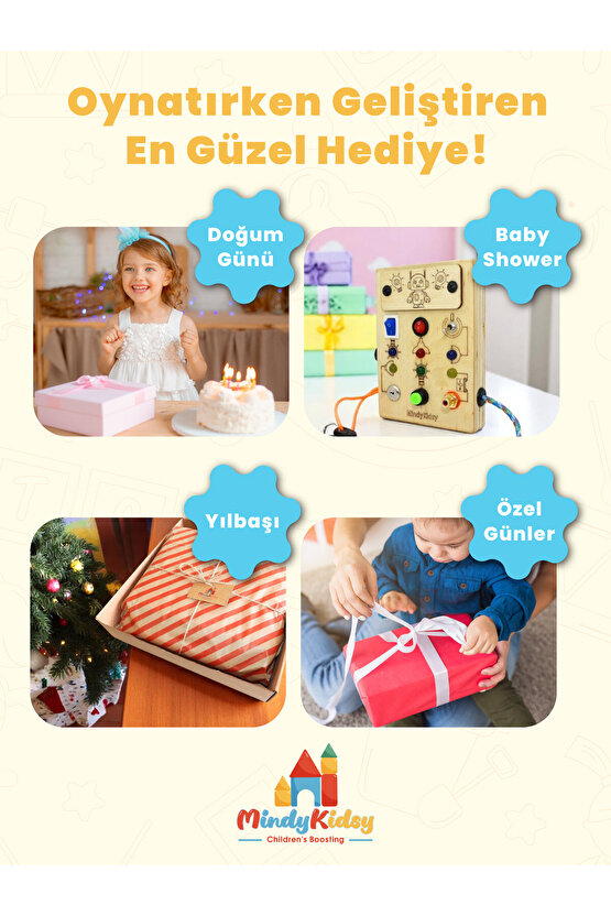 Çocuklar İçin Eğitici Ahşap Montessori Mini Işıklı Oyun Panosu - Zeka Geliştirici Oyuncak