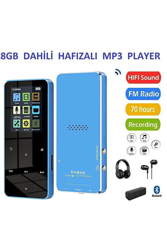 8GB HAFIZALI MP3-MP4 PLAYER MÜZİK ÇALAR FM RADYO BLUETOOTH KULAKLIK VE HOPARLÖR İLE KULLANABİLME