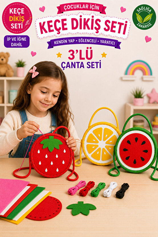 3 lü Eğitici Keçe Dikiş Çanta Seti – Çocuklar İçin El Becerisi Geliştirici DIY Çanta Yapım Kiti