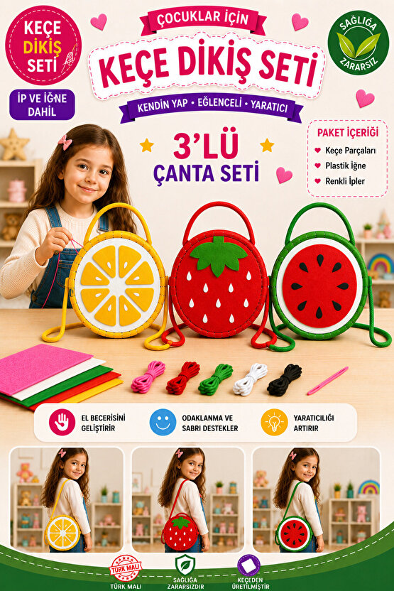 3 lü Eğitici Keçe Dikiş Çanta Seti – Çocuklar İçin El Becerisi Geliştirici DIY Çanta Yapım Kiti