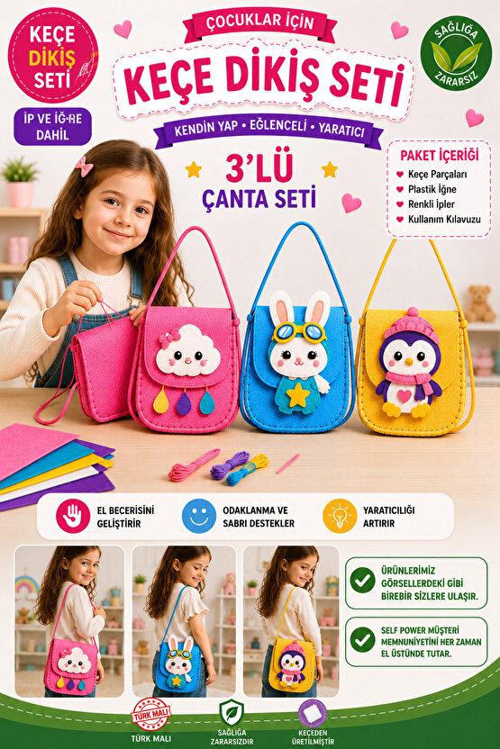 3 lü Eğitici Keçe Dikiş Çanta Seti – Çocuklar İçin El Becerisi Geliştirici DIY Çanta Yapım Kiti