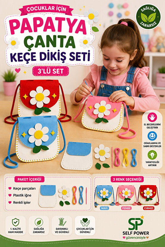 3 lü Eğitici Keçe Dikiş Çanta Seti – Çocuklar İçin El Becerisi Geliştirici DIY Çanta Yapım Kiti