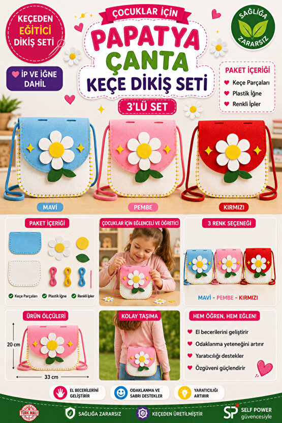 3 lü Eğitici Keçe Dikiş Çanta Seti – Çocuklar İçin El Becerisi Geliştirici DIY Çanta Yapım Kiti