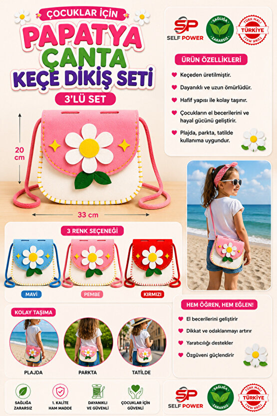 3 lü Eğitici Keçe Dikiş Çanta Seti – Çocuklar İçin El Becerisi Geliştirici DIY Çanta Yapım Kiti