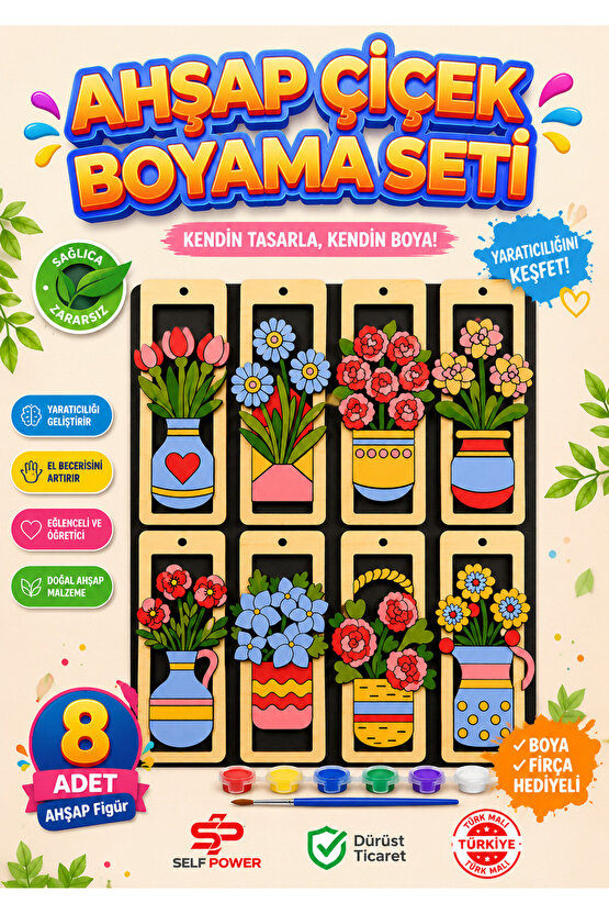 ÇEŞİTLİ MODELLERDE ŞIK AHŞAP ÇİÇEK BOYAMA SETİ BOYA &FIRÇA DAHİL