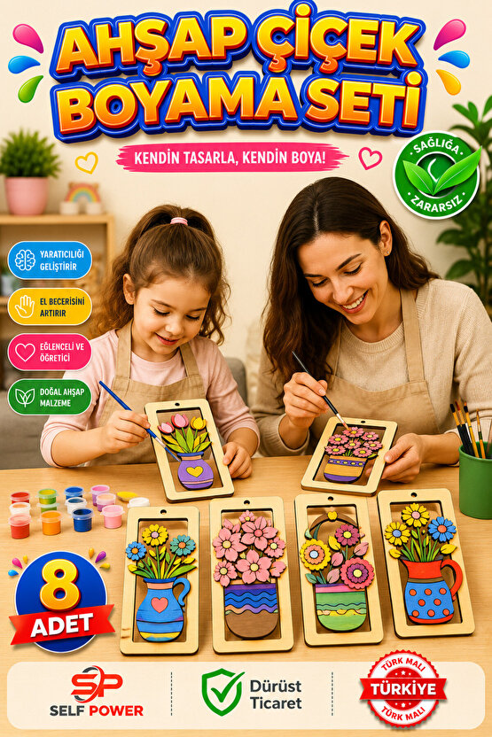 ÇEŞİTLİ MODELLERDE ŞIK AHŞAP ÇİÇEK BOYAMA SETİ BOYA &FIRÇA DAHİL