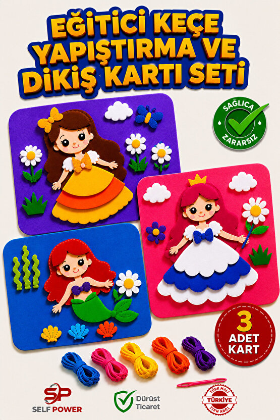Eğitici Keçe Yapıştırma ve Dikiş Kartı Seti 3 Adet Kart Çocuk El Becerisi Geliştirici Aktivite Oyuncağı