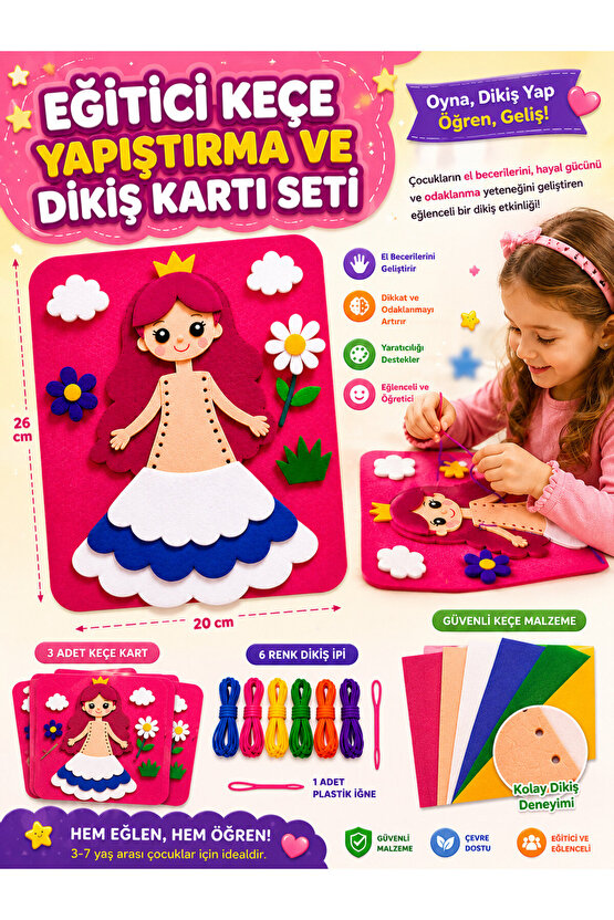 Eğitici Keçe Yapıştırma ve Dikiş Kartı Seti 3 Adet Kart Çocuk El Becerisi Geliştirici Aktivite Oyuncağı