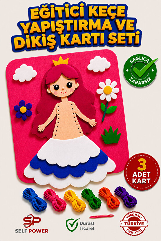 Eğitici Keçe Yapıştırma ve Dikiş Kartı Seti 3 Adet Kart Çocuk El Becerisi Geliştirici Aktivite Oyuncağı