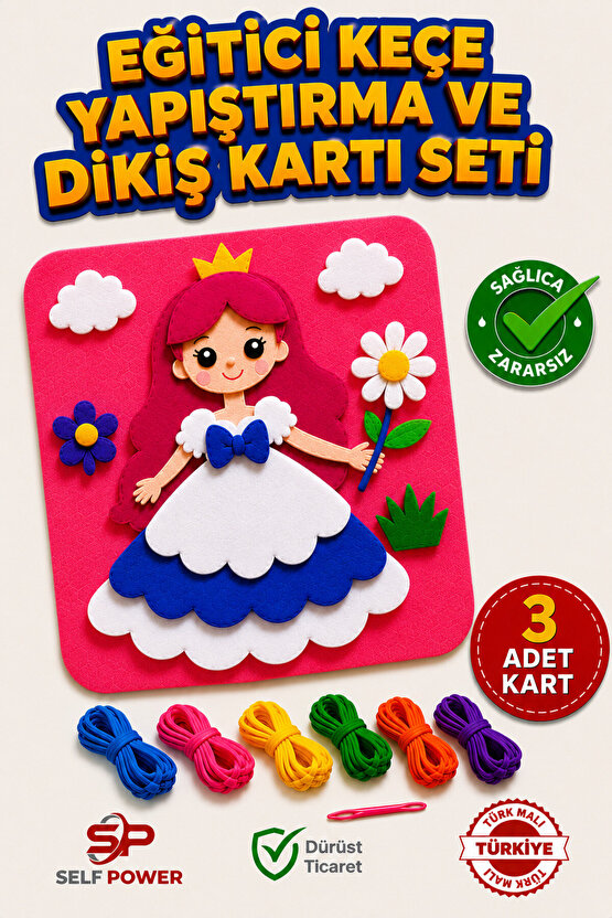 Eğitici Keçe Yapıştırma ve Dikiş Kartı Seti 3 Adet Kart Çocuk El Becerisi Geliştirici Aktivite Oyuncağı