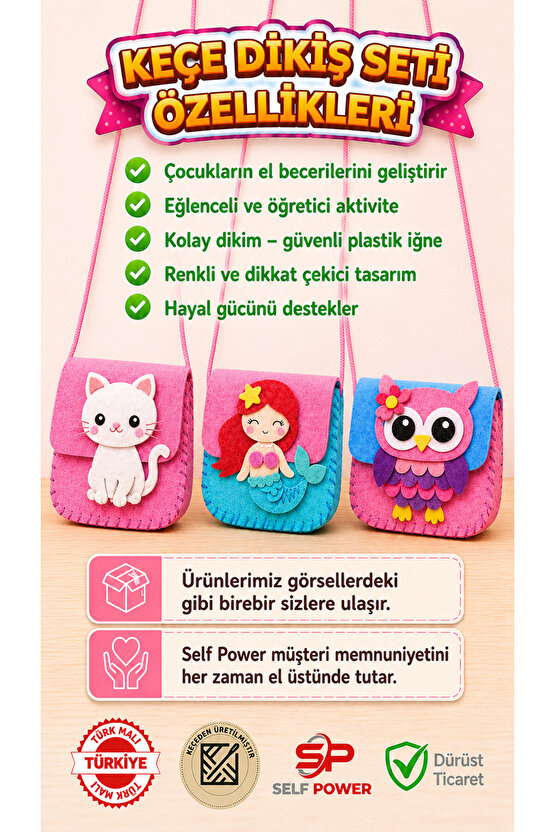 3 lü Eğitici Keçe Dikiş Çanta Seti – Çocuklar İçin El Becerisi Geliştirici DIY Çanta Yapım Kiti