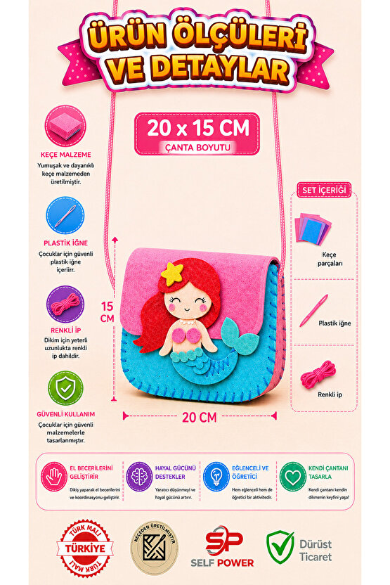3 lü Eğitici Keçe Dikiş Çanta Seti – Çocuklar İçin El Becerisi Geliştirici DIY Çanta Yapım Kiti
