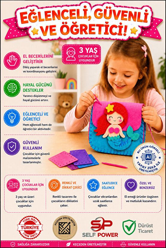 3 lü Eğitici Keçe Dikiş Çanta Seti – Çocuklar İçin El Becerisi Geliştirici DIY Çanta Yapım Kiti