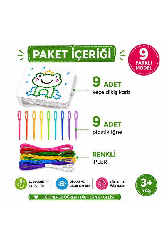 Eğitici Keçe Dikiş Kartı Seti 9’lu – Çocuklar İçin El Becerisi Geliştirici Dikiş Oyunu (3+ Yaş)