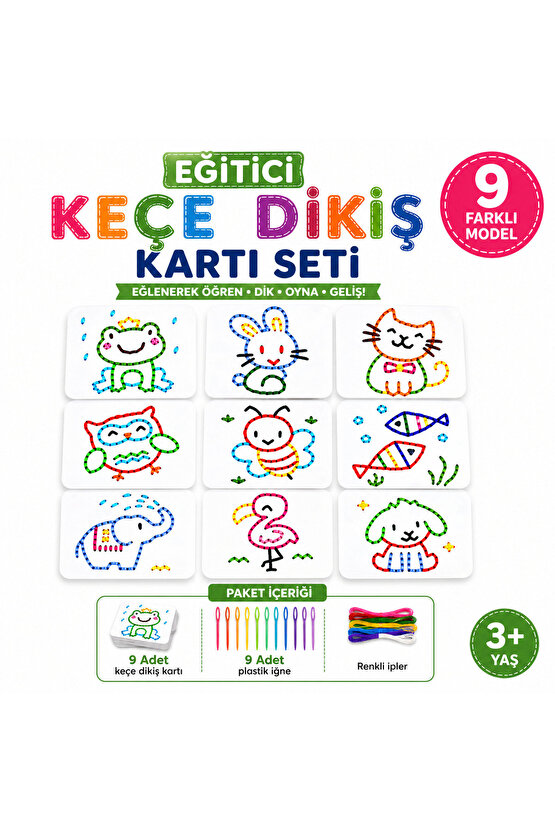 Eğitici Keçe Dikiş Kartı Seti 9’lu – Çocuklar İçin El Becerisi Geliştirici Dikiş Oyunu (3+ Yaş)