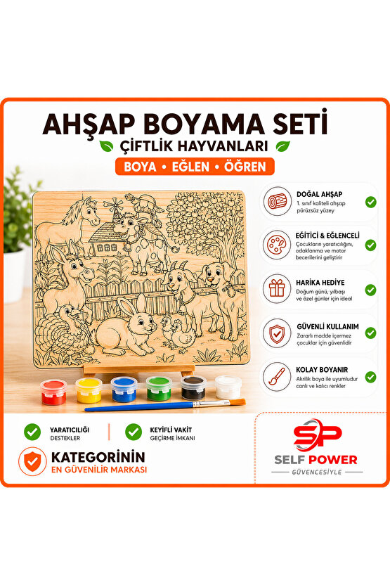 Çiftlik Hayvanları Ahşap Boyama Kartı Boya &Fırça Dahil