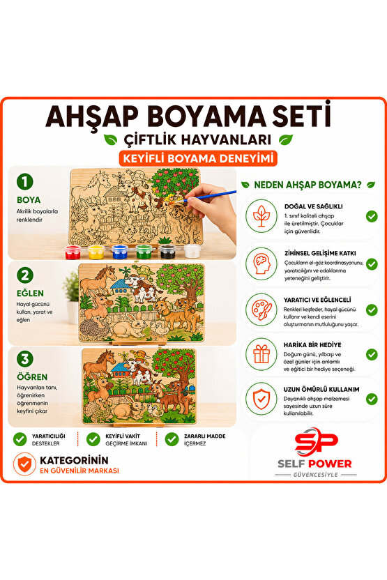Çiftlik Hayvanları Ahşap Boyama Kartı Boya &Fırça Dahil