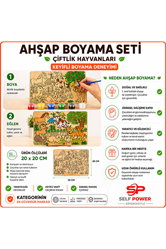 Çiftlik Hayvanları Ahşap Boyama Kartı Boya &Fırça Dahil
