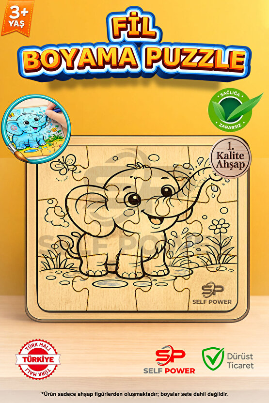 AHŞAP FİL BOYAMA PUZZLE BOYA VE FIRÇA DAHİL