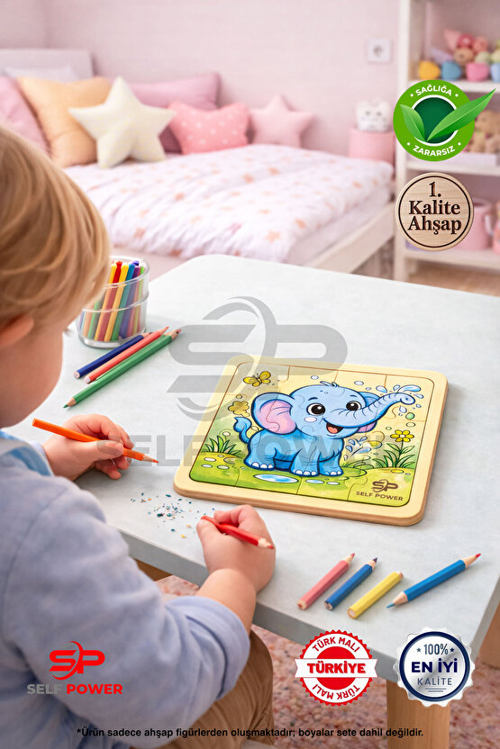 AHŞAP FİL BOYAMA PUZZLE BOYA VE FIRÇA DAHİL
