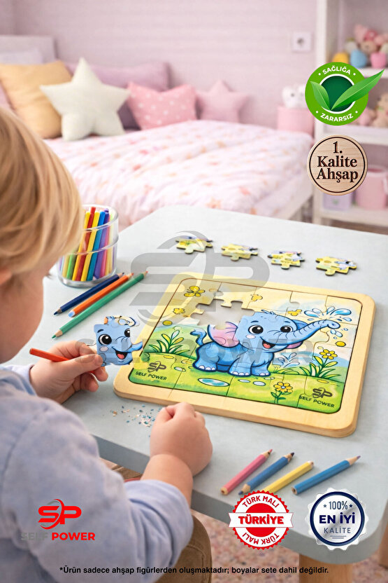 AHŞAP FİL BOYAMA PUZZLE BOYA VE FIRÇA DAHİL