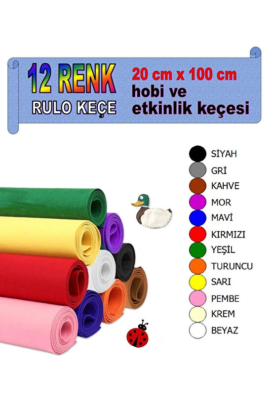 12 Adet 100 cm x 20 cm Hobi ve Etkinlik Keçesi 12 Farklı Renkte