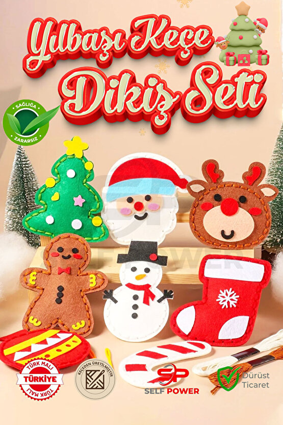 Yılbaşı için 8 adet eğitici dikiş kiti ip iğne elyaf dahil Eğitici Kit