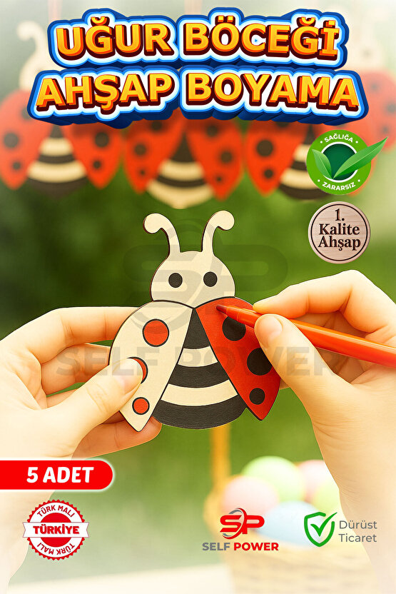 Okul Etkinlikleri için 5 Adet Ahşap Boyama Uğur Böceği