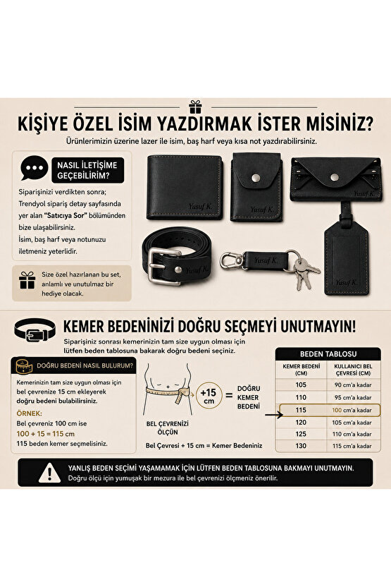 Babalar Gününe Özel 6 Parça Hakiki Deri Hediye Seti - Kemer Cüzdan Kartlık Gözlük Kılıfı Anahtarlık Valiz Etiketi - Kişi