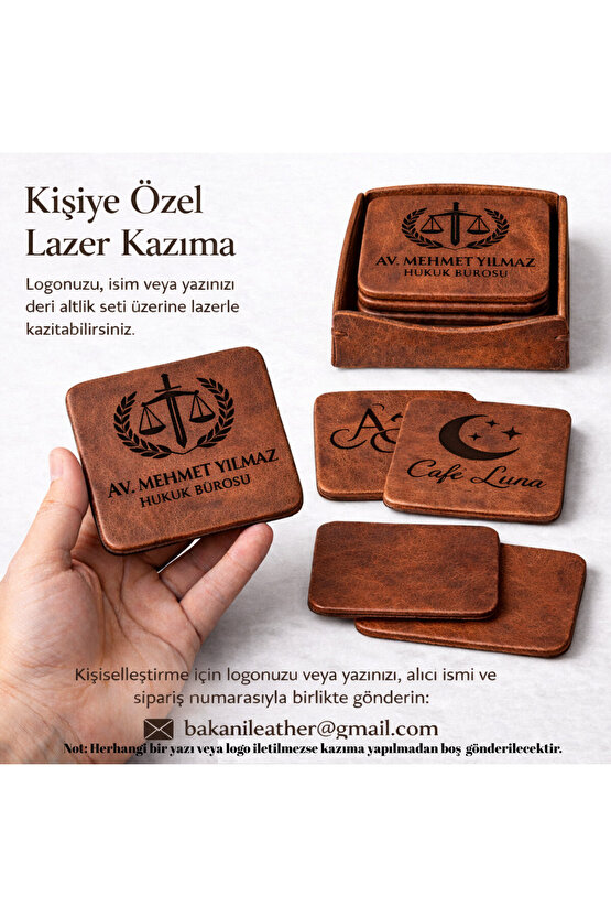 Kişiye Özel Hakiki Deri Bardak Altlığı Seti 4lü + Deri Kılıf, Lazer Kazıma İsim, Logo, Yazı Baskılı