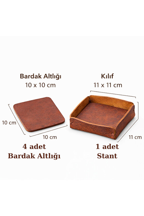 Kişiye Özel Hakiki Deri Bardak Altlığı Seti 4lü + Deri Kılıf, Lazer Kazıma İsim, Logo, Yazı Baskılı