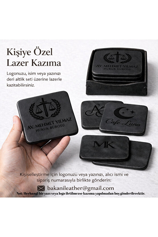 Kişiye Özel Hakiki Deri Bardak Altlığı Seti 4lü + Deri Kılıf, Lazer Kazıma İsim, Logo, Yazı Baskılı