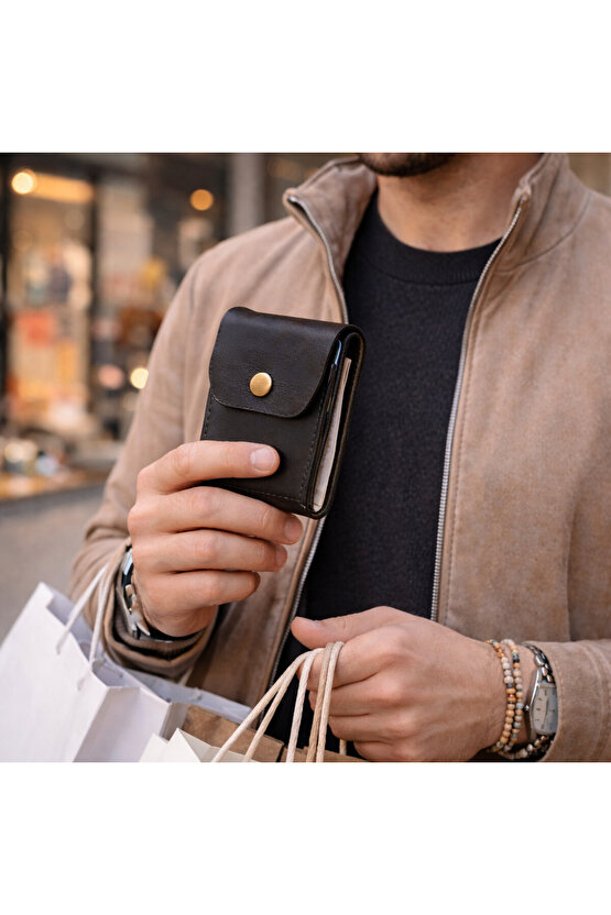 El Yapımı Hakiki Deri Erkek Cüzdan – Çıtçıtlı Minimal Tasarım Kartlık Para Bölmeli