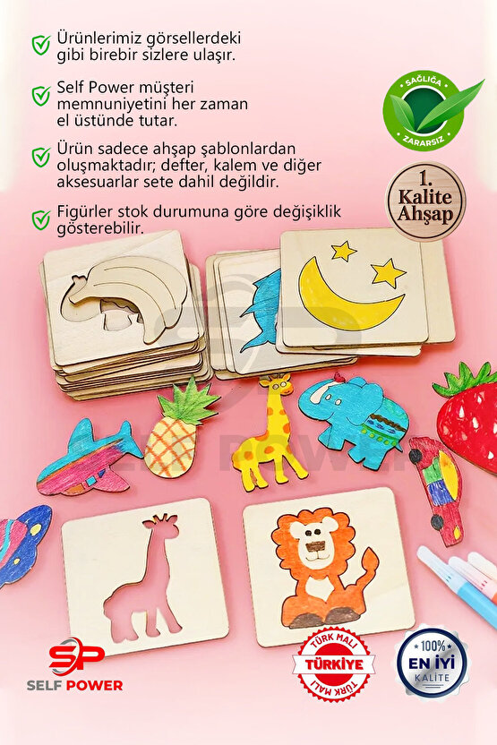 20 Parça Ahşap Oyma& Boyama Şablonu Hayvan Ve Meyve Desenli Ahşap Boyama Desen Şablonu