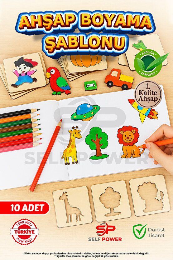 10 Parça Ahşap Oyma& Boyama Şablonu Hayvan Ve Meyve Desenli Ahşap Boyama Desen Şablonu