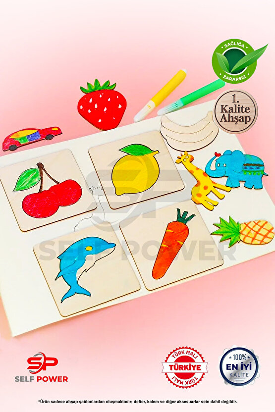 60 Parça Ahşap Oyma& Boyama Şablonu Hayvan Ve Meyve Desenli Ahşap Boyama Desen Şablonu
