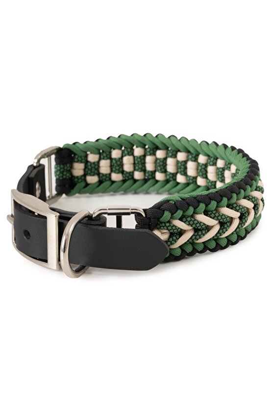 El Örgüsü Paracord & Deri Köpek Tasması – Dayanıklı Ayarlanabilir, Metal Tokalı, Orta ve Büyük Irk